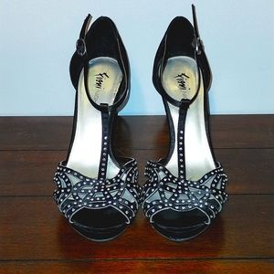 Fioni Night Black Satin Rhinestone Heels Size 9W